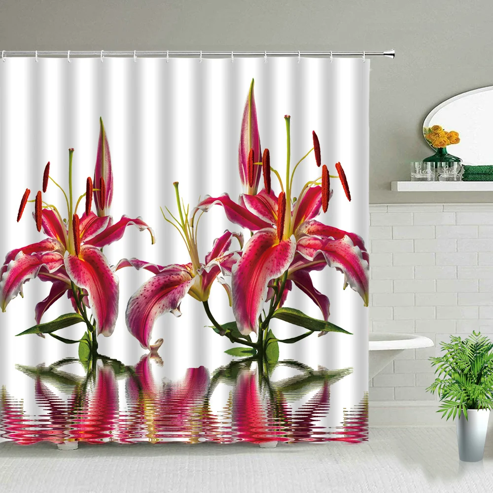 

Watercolor Plant Flower Shower Curtain Purple Lavender Green Leaf Florla Print Bathroom Waterproof Cloth Bath Curtains with Hook