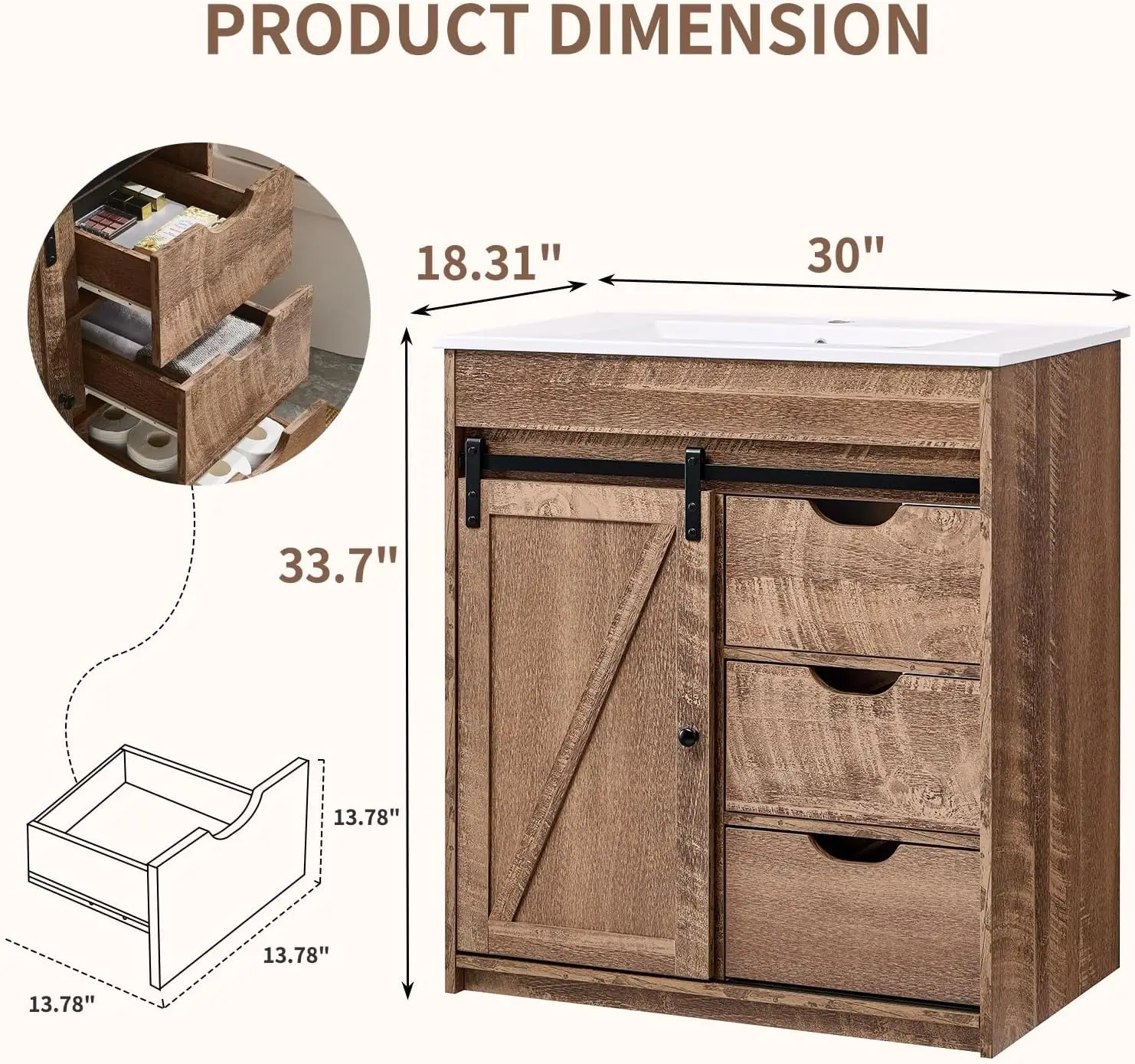 30" Farmhouse Bathroom Vanity with Sink,Modern Bathroom Cabinet w/3 Drawers , Floor Standing Bathroom Vanity , Light Brown 2