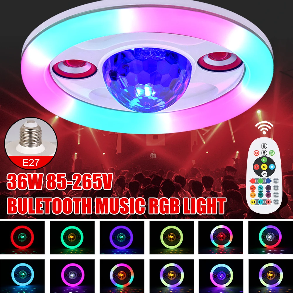 

Music Night Light LED E27 Indoor Ceiling Lamp Smart Bulb Remote Control For Home Bedroom Bluetooth 36W With Double Speakers