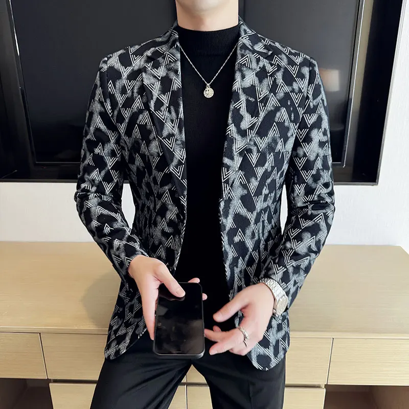High Quality Denim Jacquard Suit Jacket for Men Slim Fit Business Men Blazers Fashion Casual Streetwear Social Dress Coats