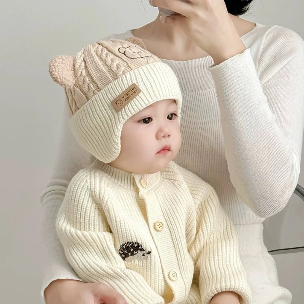 Cute Bear Baby Earmuffs Cap Winter Warm Kids Plush Pullover Hat 6-36month Toddler Beanies Thicken Velvet Children Crochet Bonnet