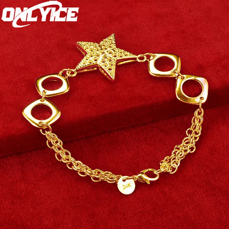 

24K Gold Bracelet For Women Star Square Round Chain Lady Fashion Charms Wedding Engagement Party Jewelry Wholesale Best Gift