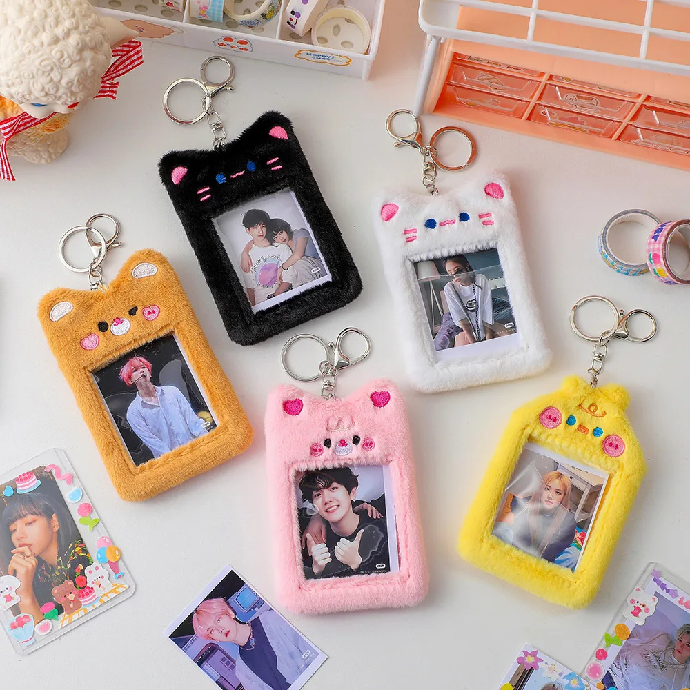 SKYSONIC 3 Inch Plush Kpop Holder Cute Bear Idol Postcards Storage Card Bag Collect Organizer Schoolbag Pendant 5