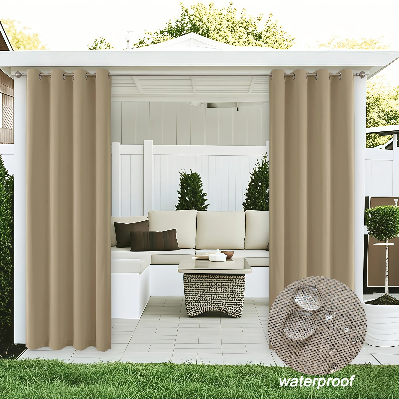 1panel 100% Blackout Waterproof Outdoor Curtain, Faux Linen Curtains for Garden