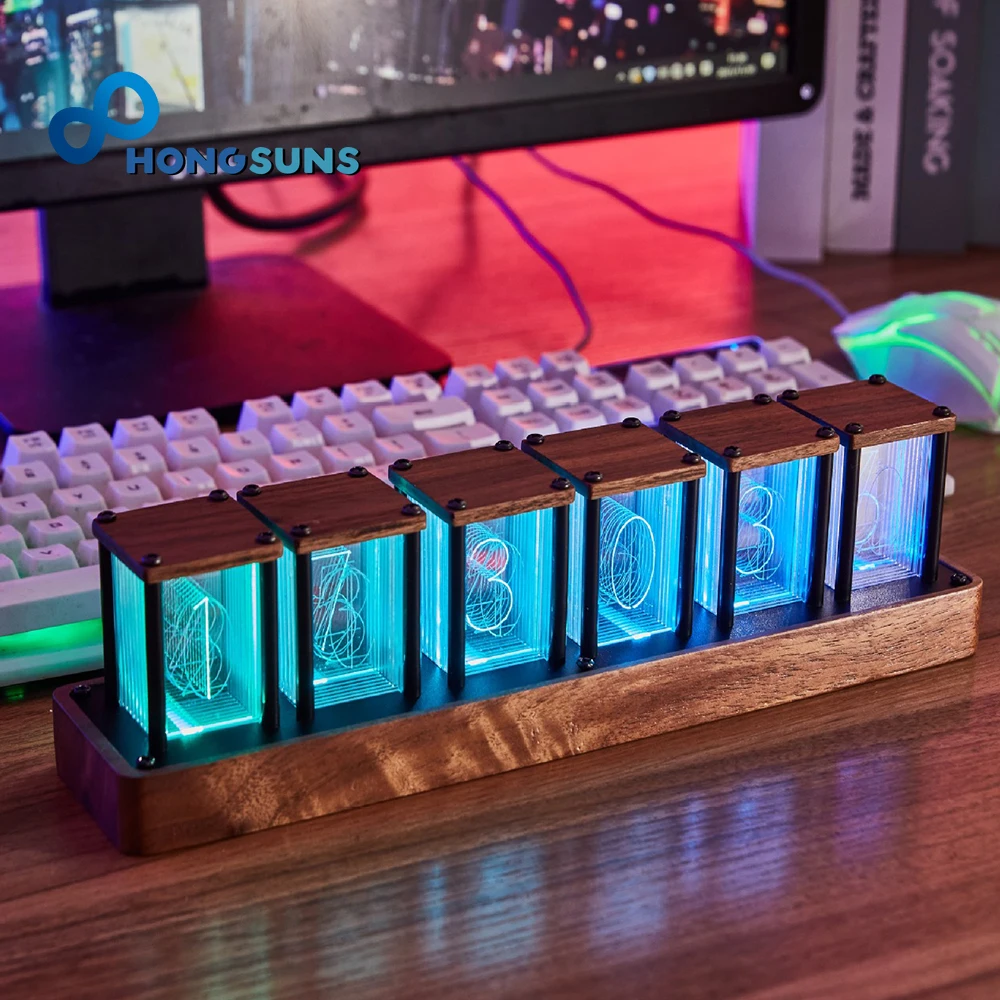 

RGB LED Tube Clock Vintage Digital Nixie Clock 6 Bit Time Display Retro Desk Clock PC LED Night Light Gift Decoration