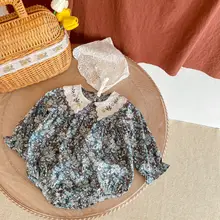 

2022 spring and autumn clothing baby girl woven cotton printed romper baby pointed collar long sleeve jumpsuit