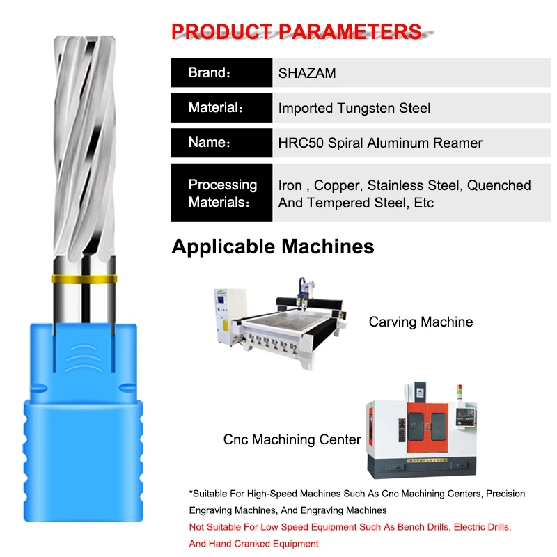 SHAZAM 1.0mm-12mm 50~80Long HRC50 Tungsten Steel Carbide For Aluminum Spiral Reamers For CNC Machining Center Reamer Tools 2
