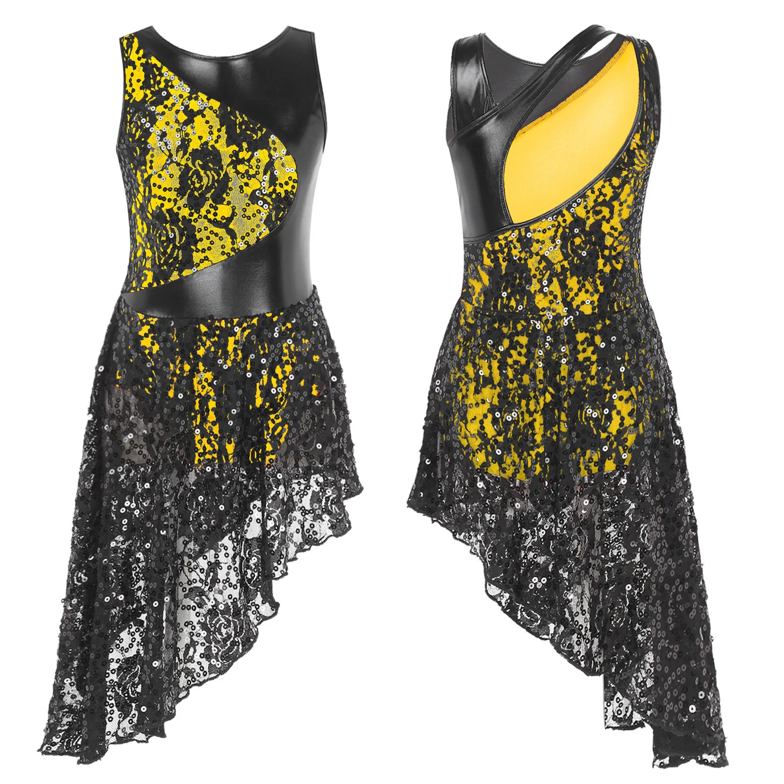thumbnail image 1 of Vestido de baile de Jazz para niñas, sin mangas, escote redondo, estilo de telas combinadas, lentejuelas brillantes, dobladillo Irregular, traje de leotardos de baile, 1 of 5