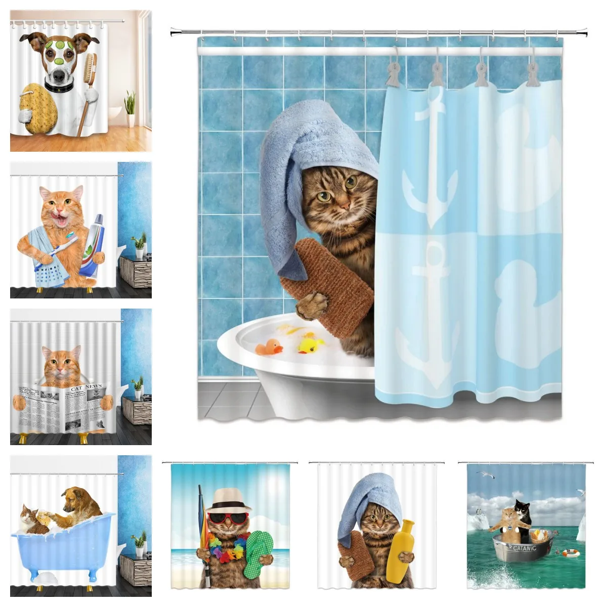 

Забавные шторы для душа с животными, милые домашние животные, кошка, собака, котенок необычный, детский Декор для ванной комнаты, штора из полиэстера с крючками