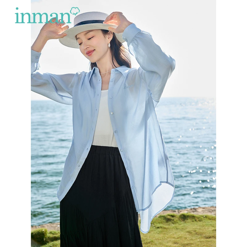 

INMAN Women Shirts 2023 Summer Long Sleeve Polo Neck Loose Blouse Design Split Hem Six Colors Casual All-match Outwear Tops