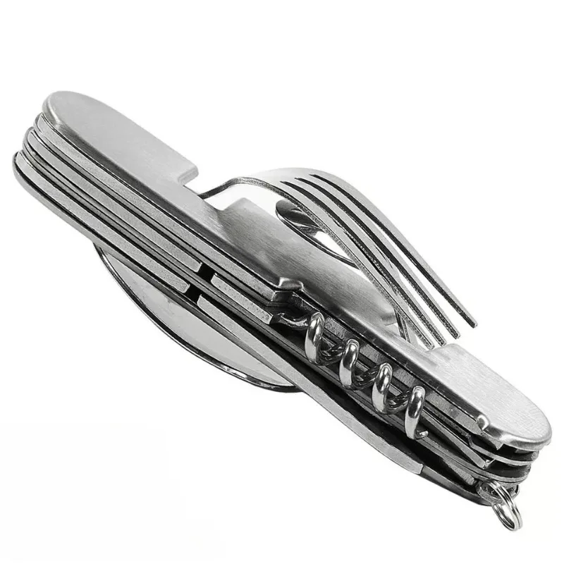 Multifunctional Foldable Detachable Cutlery Set Stainless Steel 4-in-1 Camping Fork Spoon Knife Opener for Hiking Travel Outdoor
