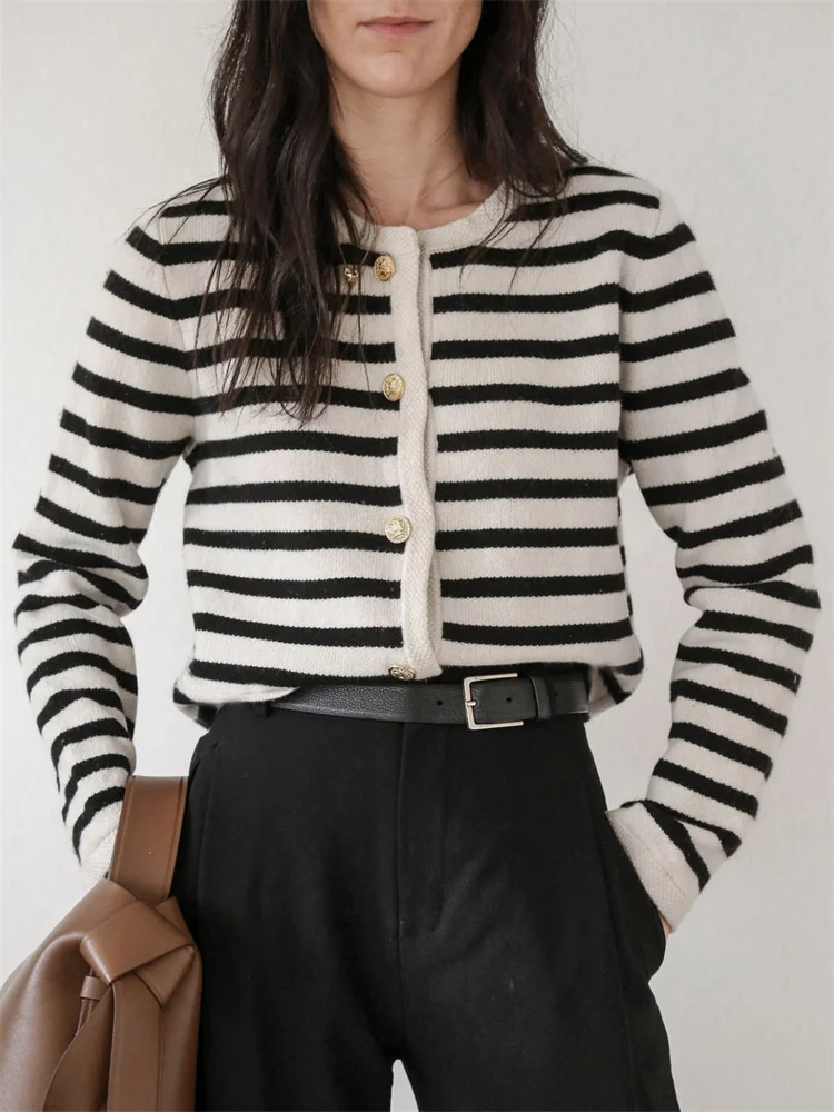 Suéter de punto a rayas, cárdigan, abrigo para mujer, suelto, de manga larga, a la moda, ajustado, con parches en contraste, prendas de vestir exteriores, abrigo de punto de verano