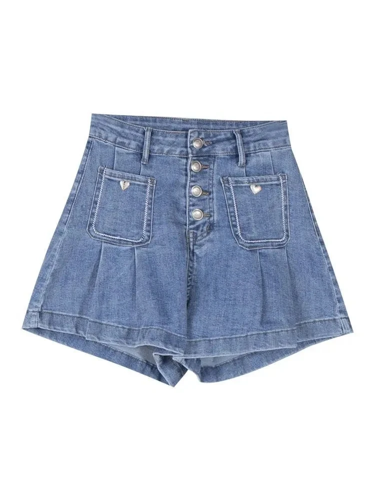 Single-Breasted Denim Shorts Women 2024 Summer New Korean High Waist Thin Loose Wide Leg A-Line Hot Pants Streetwear Jeans Short