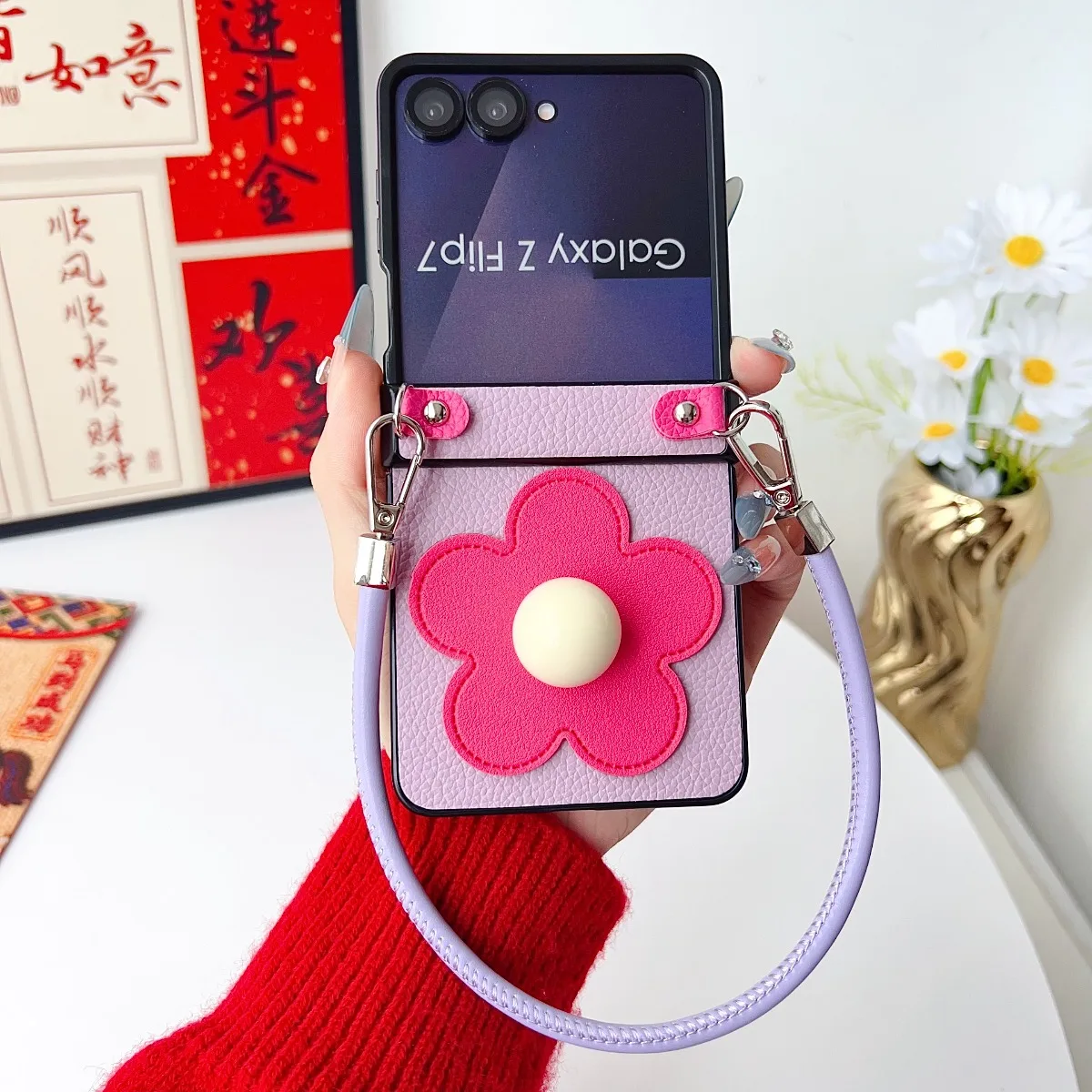 Floral 3D Leather Wristband Phone Case with Shockproof Hinge Protection