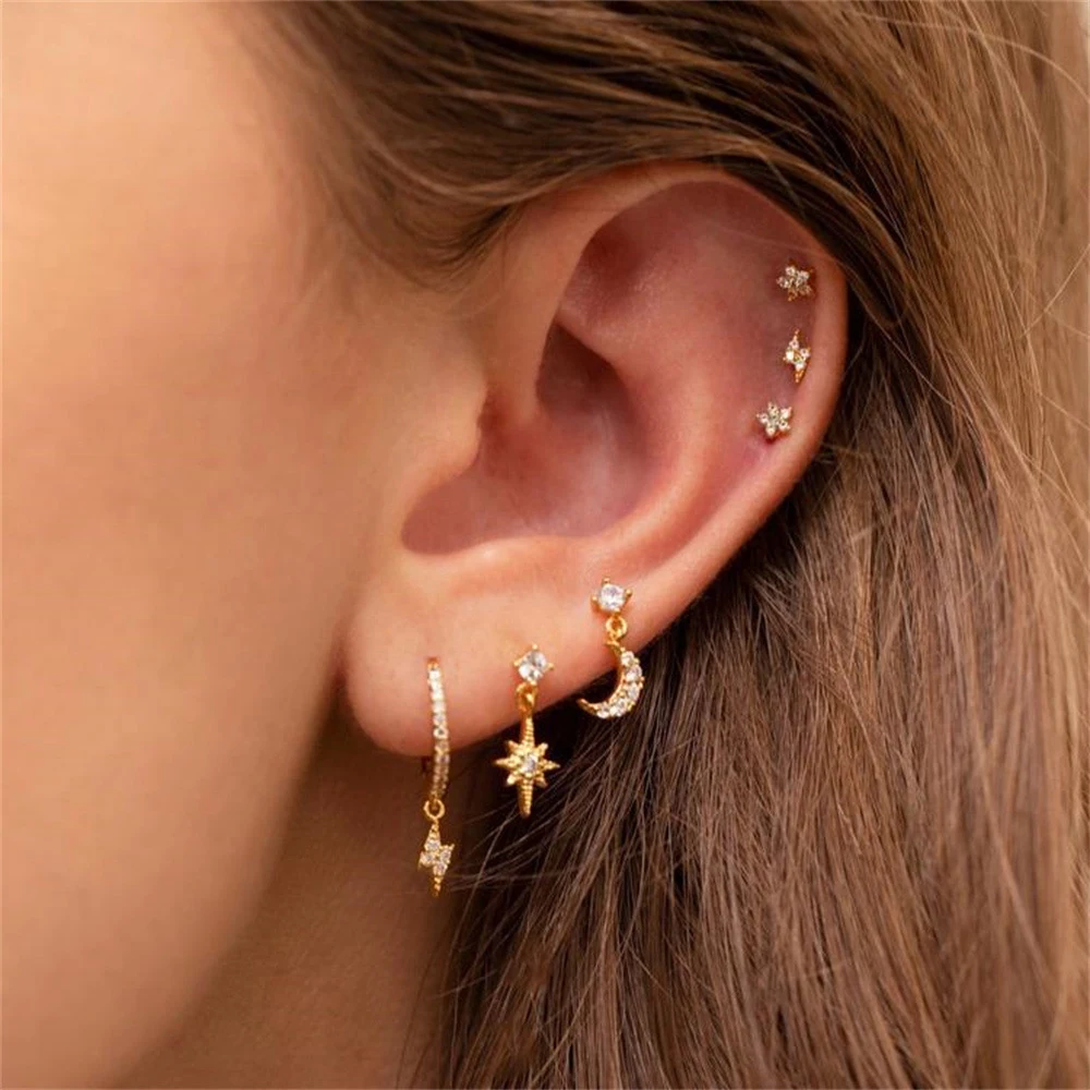 Stainless Steel Cubic Zirconia Chain Stud Earrings Women Star Moon Cartilage Earring Piercing Jewelry
