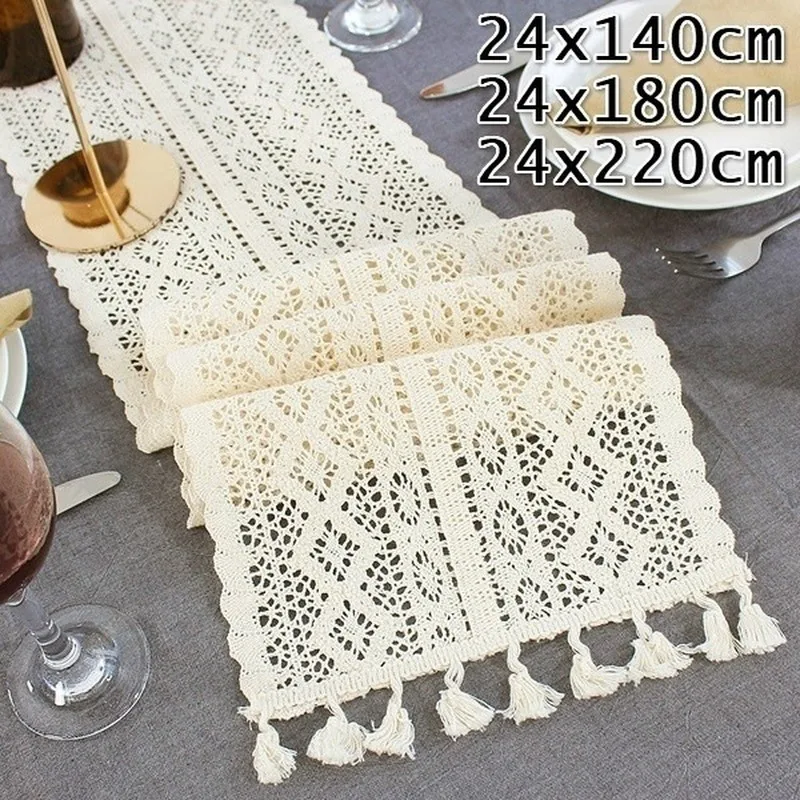 

Nordic Crochet Lace Table Runner with Tassel Hollow Tablecloth Romance Wedding Party Table Cover