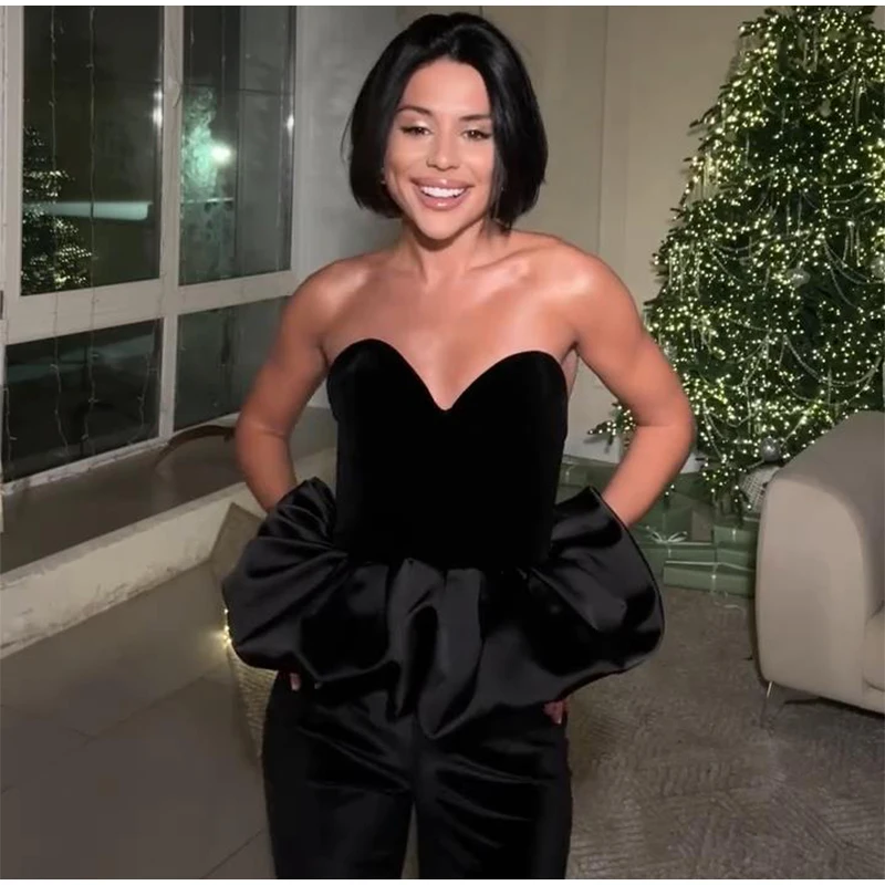 Sexy Off Shoulder Velvet Spliced Tube Top Women Black Backless Strapless Ruched A-line Tank Female 2025 Fashion Lady Party Gown
