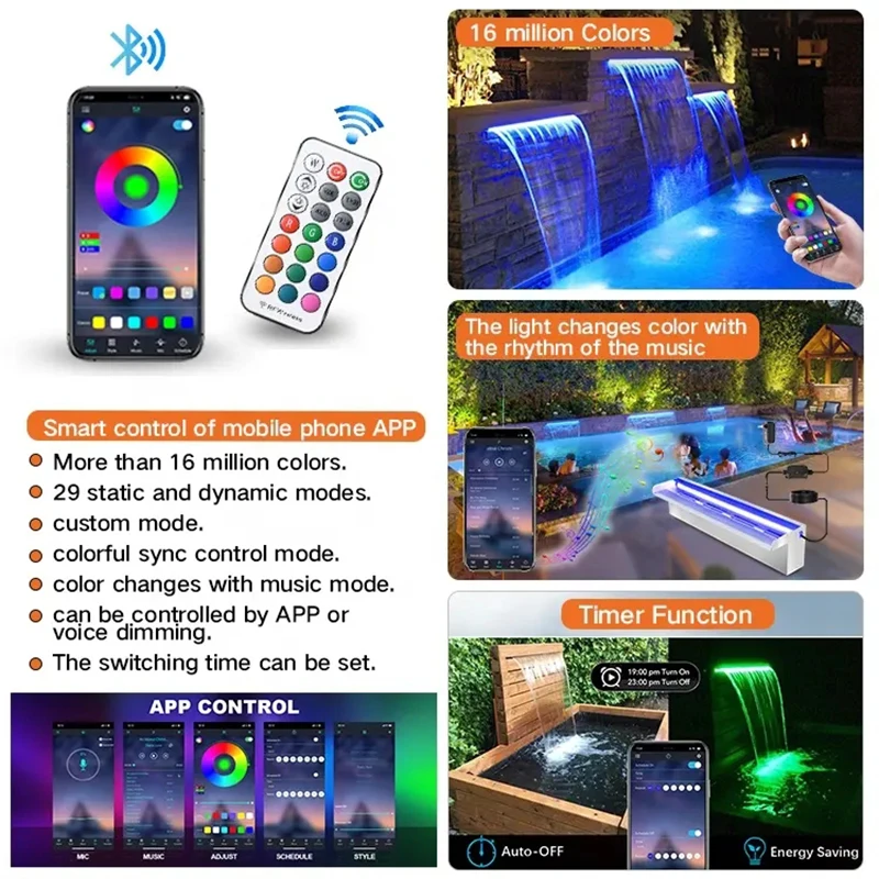 60/90/120cm Waterfall Blade Spillway Stainless steel Fountain Spa Water Descent RGB Wall Mounted Decorative Colorful 5