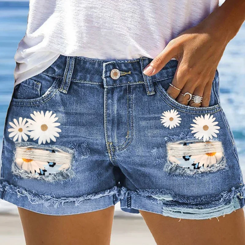 

Women Summer Denim Shorts Sexy Hloe Daisy Print Hole Fashion Lady Street Casual Ripped Pocket Straight Jeans Pants