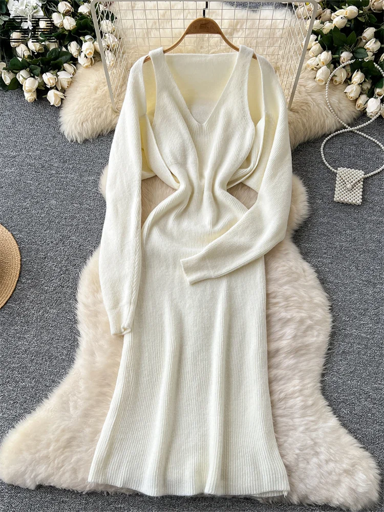 SINGREINY Winter Gentle Thick Dress Sets Women Long Sleeve Elastic Cardigan+Solid V Neck Dress Women Sexy Knitting Suits