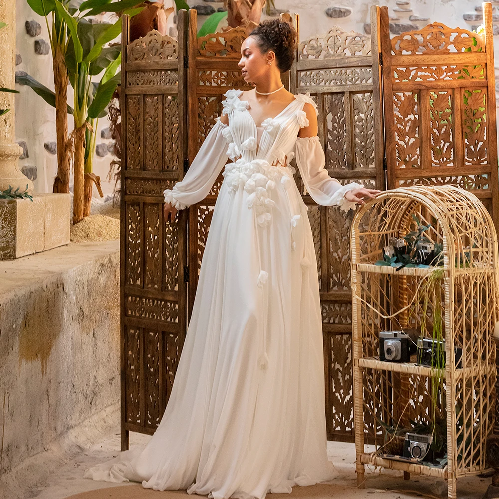 

Современное съемное шифоновое свадебное платье-трапеция с рукавами-фонариками, иллюзией, цветами, открытой спиной, индивидуальный пошив, 2023