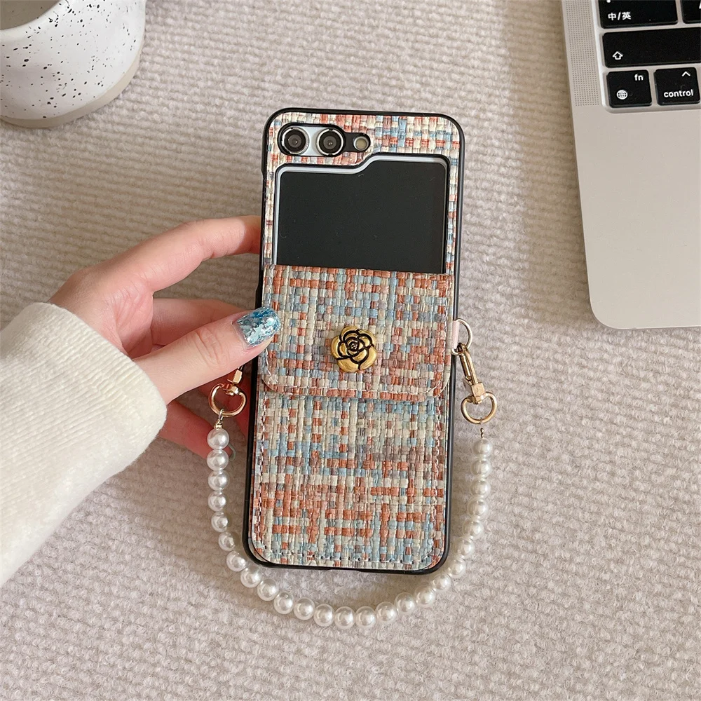 Luxury Woven Texture PU Leather Card Holder Wrist Strap Phone Case