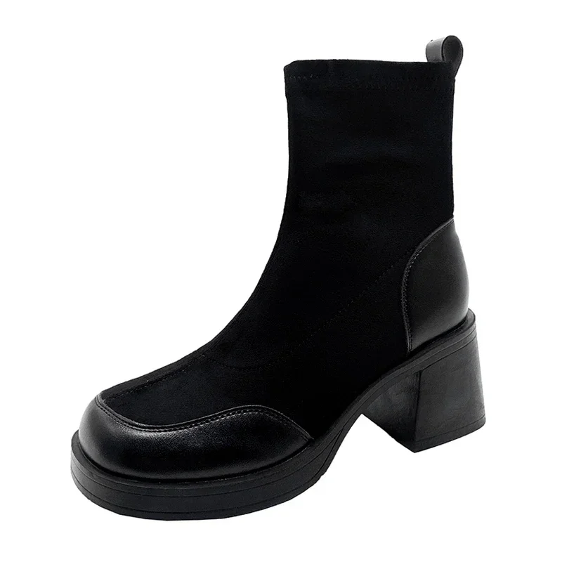 Women's Fashion Boots Mid-heel 2023 New Round Head Leather Ankle Boots Women Thick Wool Warm Dress Boots Women