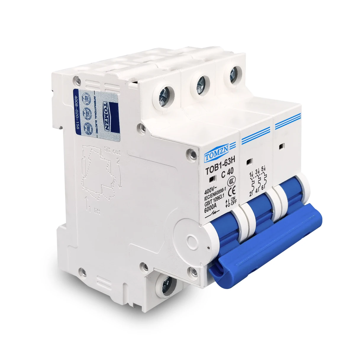 AC MCB TOB1-63 C 타입 미니 회로 차단기, 3P, 230 V, 400V 50HZ, 60HZ, 3A, 6A, 10A, 16A, 20A, 25A, 32A, 40A, 50A, 63A