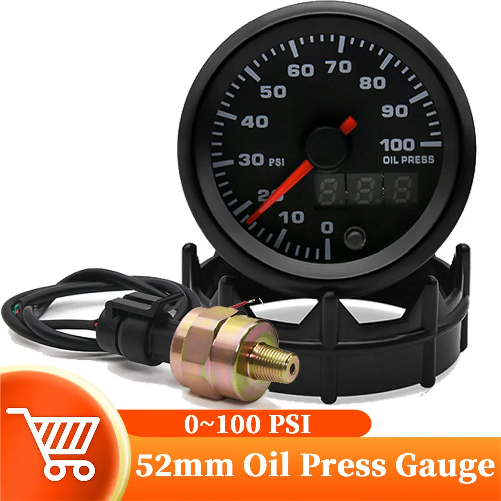 52mm 2-Inch Digital Oil Pressure Gauge Kit - 100 PSI, 12V, Racing Style For Cars