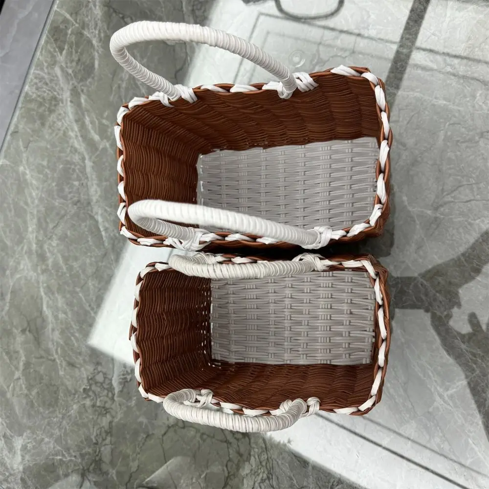New Imitation Rattan Storage Basket Square with Handle Hanging Baskets Plastic Hand-woven Woven Handbag Flower