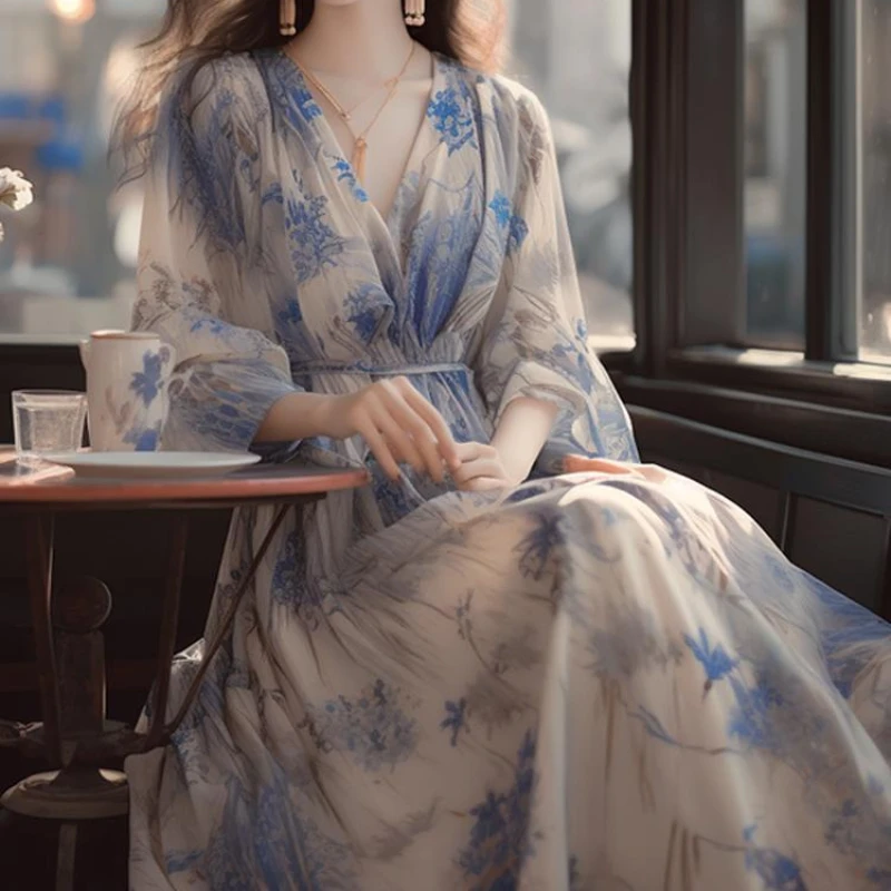 

Blue and Floral A-Line Women's Dress for Beach Vacation, French Inspired Fashion, 2024 Spring Collection