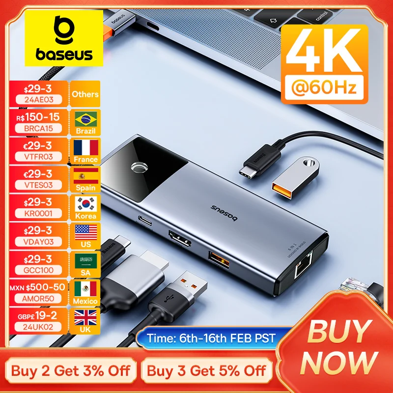 Baseus 4K @ 60Hz Hub Usb Hdmi-Compatibile Per Steam Deck Metal Gleam Usb 3.2 Gen 2 Adattatore Hub Usb C Per Accessori Per Laptop