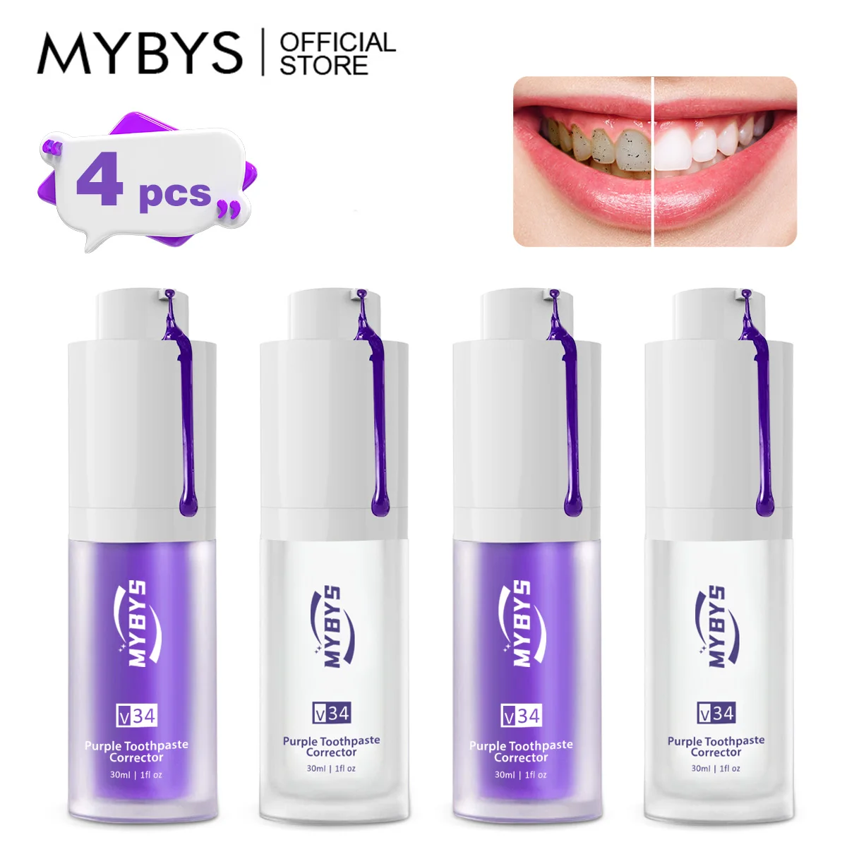 

MYBYS Teeth Whitening Essence Purple Toothpaste Oral Cleaning Whitening Yellow Teeth Corrector Serum 4pcs