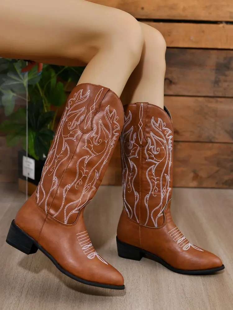 Versatile Western Denim Thick Heel V-Neck Embroidered Sleeve Cavalry Boots Retro Mid Barrel Horse Boots