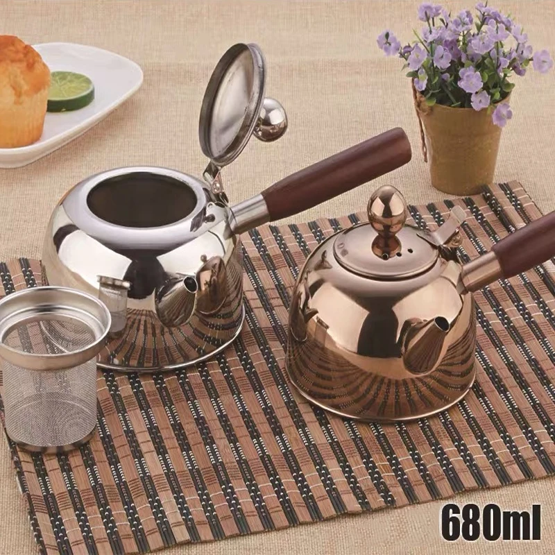 680ML Stainless Steel Teapot Wooden Side Handle Tea Pot Make Coffee Pot Boiling Kettle Suitable For All Stoves To Boil Water