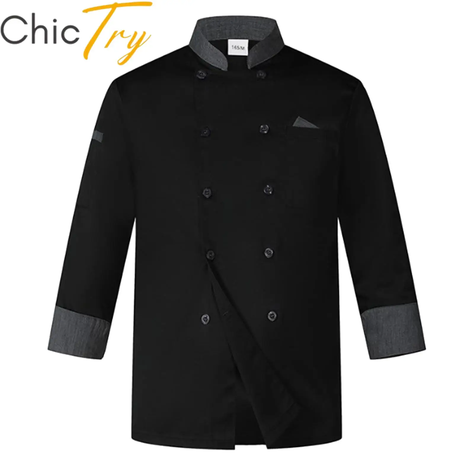 Mens Womens Chef Shirt Unisex Double-Breasted Chef Coat Stand Collar Long Sleeve Cook Jacket Restaurant Hotel Kitchen Uniform