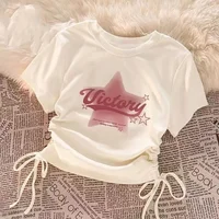 White Short Sleeve T-Shirt Women's Summer New Style Spicy Girl Drawstring Design Short Versatile Top Trendy Crew Neck Polyester