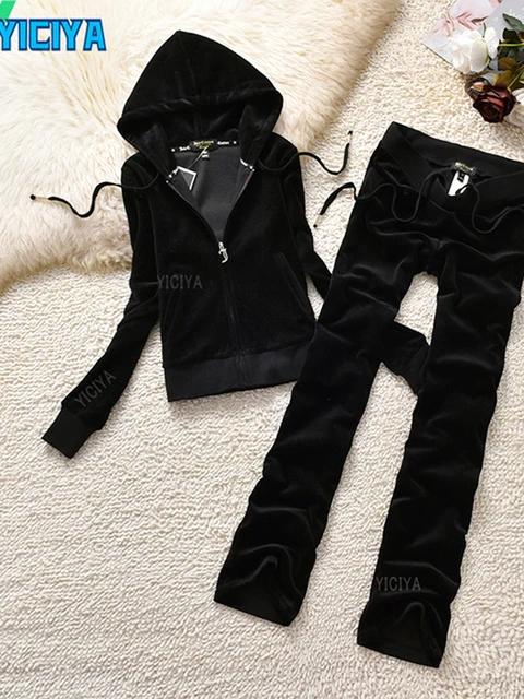 YICIYA TRACKSUIT hoodies Velvet Zipper Sweatshirt And Pants Winter women velour Pant Suit Hoodies Zipper Rhinestone velour suits BLACK SET