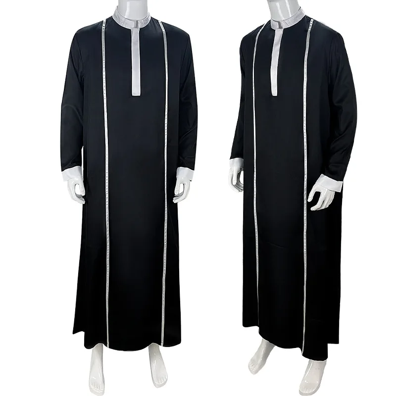 thumbnail image 1 of Túnica musulmana árabe blanca para hombre, Jubba Thobe, manga larga, caftán abaya islámico paquistaní para hombre, ropa holgada con cuello alto, 1 of 4