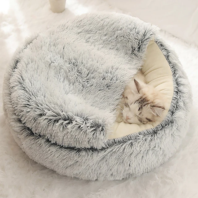 Plush Hooded Pet Bed – Round Fluffy 2-in-1 Cat & Dog Sleeping Nest 6