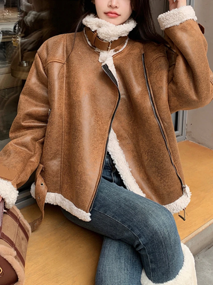 

Fitaylor Autumn Winter Women Faux Lamb Wool Patchwork Suede Leather Jacket Casual Loose Stand Collar Thick Warm Coat