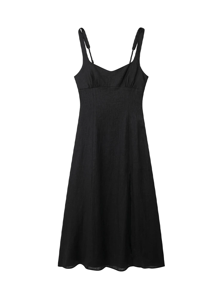 

Willshela женское модное черное платье миди с открытой спиной, разрезом спереди, боковой молнией, винтажное платье на бретельках с V-образным вырезом, женские шикарные платья для дам