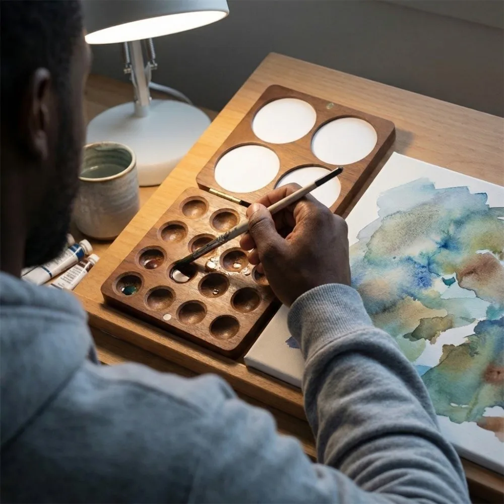 통합형 트레이 호두나무 수채화 팔레트 컴팩트 미니 페인트 박스 휴대용 자석 흡착 믹싱 페인트 트레이 아티스트용
