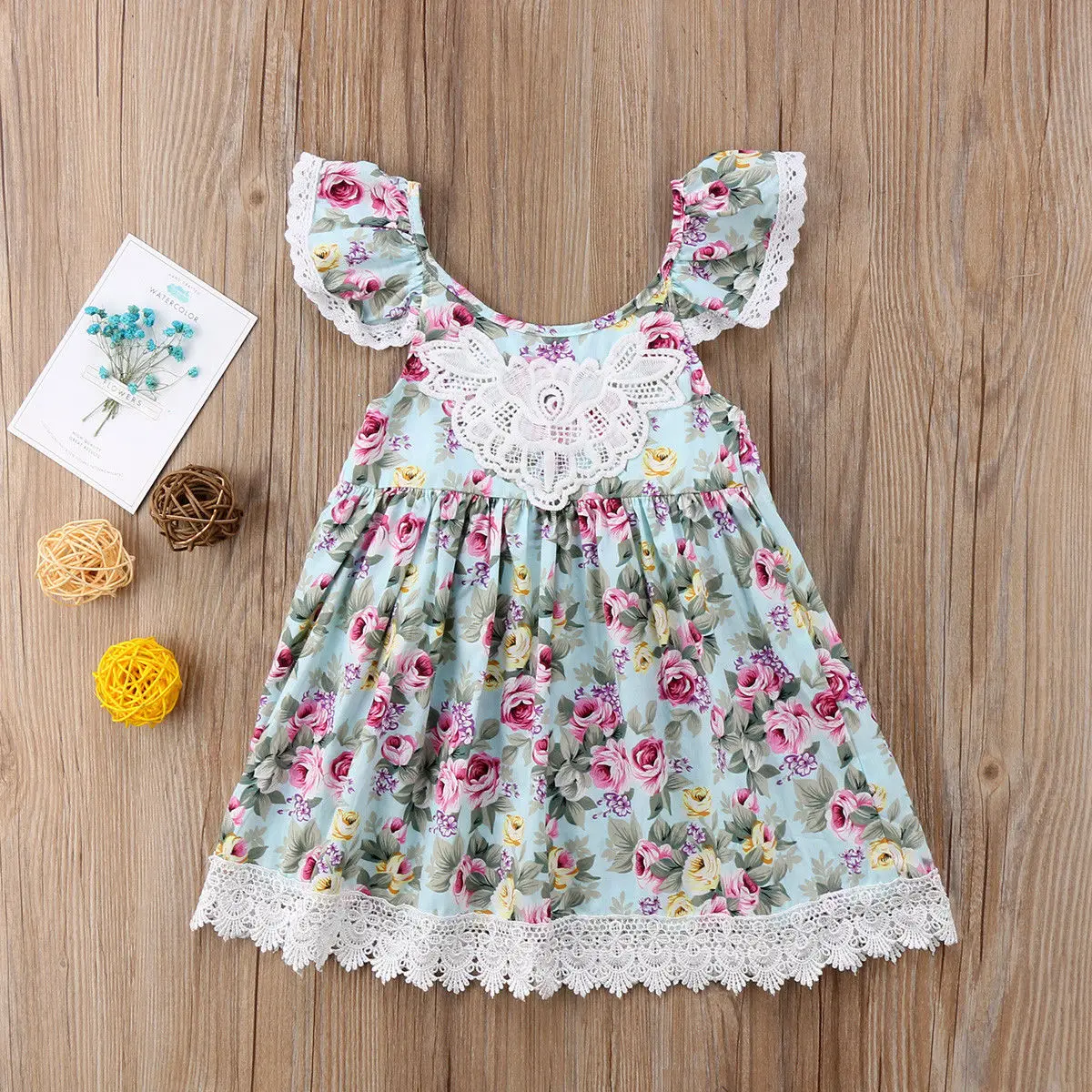 2-7T Baby Girl Summer Sweet Floral Dress Ruffled Sleeves Open Back Lace Stitching Sundress Kids High Waist Princess Dress