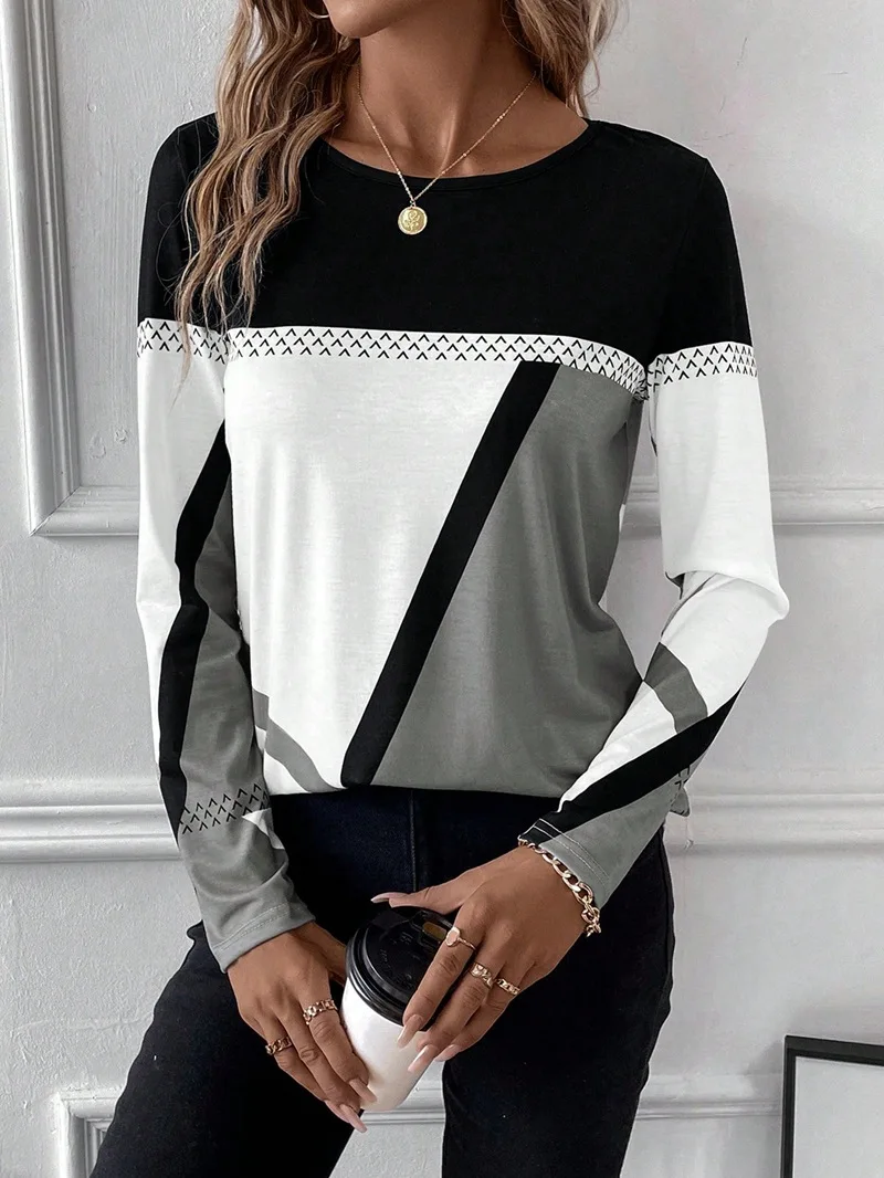 Autumn/Winter Women's New T-shirt Blouse 3D Geometric Contrast Printing Loose Size Long Sleeve Elegant Harajuku Fashion Top 2023