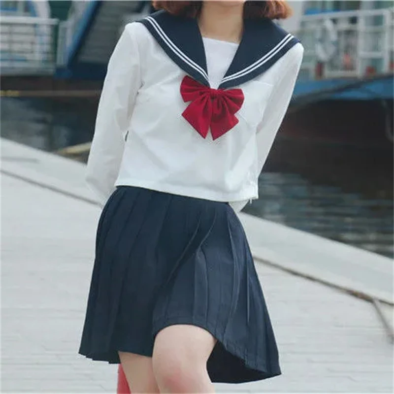 

Black White JK Uniform Summer Short/long Sleeve Japanese School Uniforms Girls Sailor Sets Pleated Skirt JK Uniform COS Costume