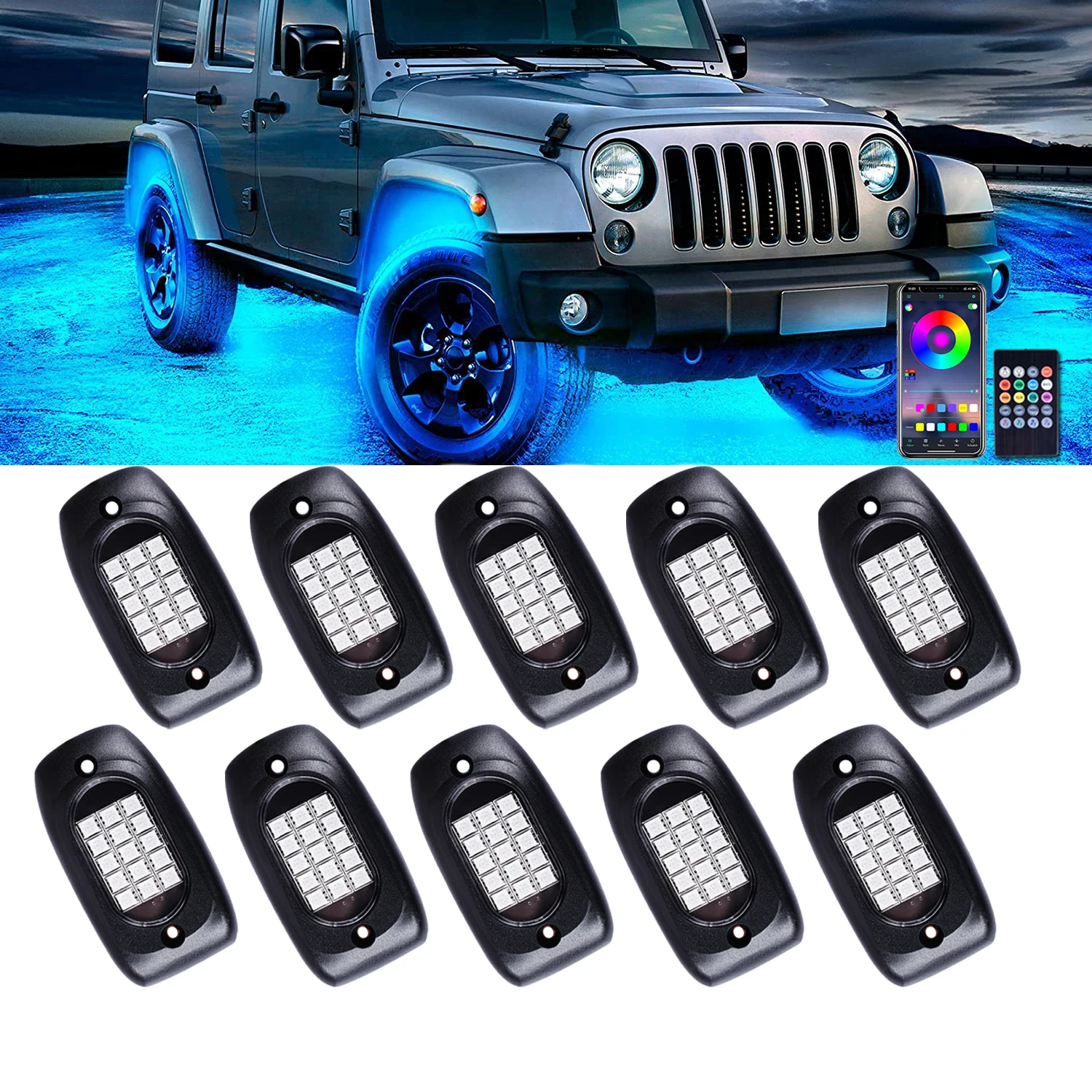 

10 in 1 RGB LED Rock Chassis Light for Truck Off Road Car Undergolw Waterproof Neon Decorative Lamp APP Remote Control 10 Pods