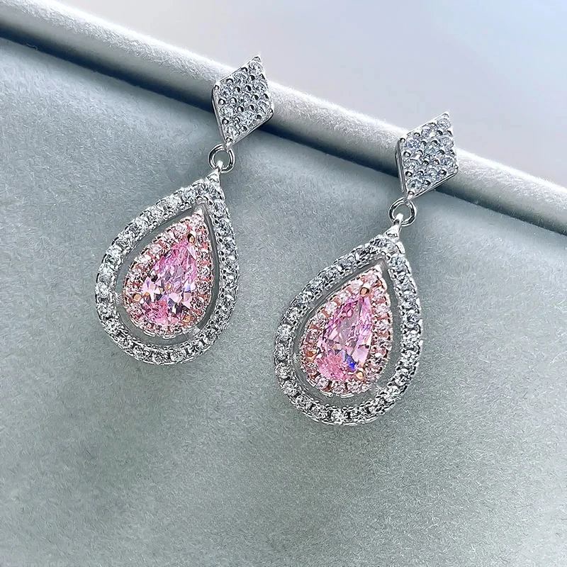 

New Xianqi Pear shaped Droplet Cherry Blossom Powder Earrings 925 Silver Imported High Carbon Diamond Wedding Jewelry Wholesale