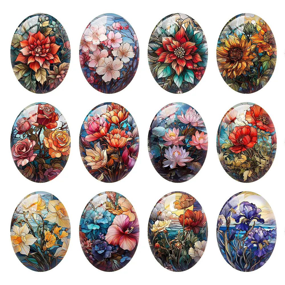 

10pcs/lots Oval Photo Glass Cabochon Charms Flower Iris Lotus Demo Flat Back Cameo For Diy Jewelry Making Finding Accessories