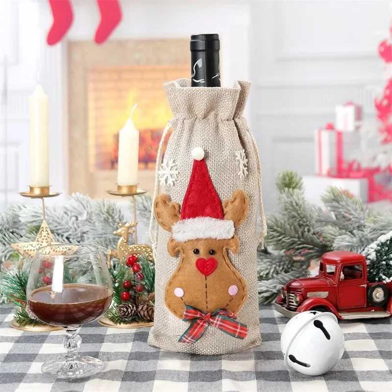 Description Picture 5 of itemXmas Snowman Santa Claus Wine Bottle Gift Packaging Jute Bag Pouch Burlap Christmas Wine Bottle Cover Bag Christmas Decorations
